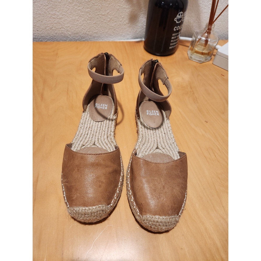 Eileen Fisher Espadrille Flats Womens 6.5 Brown Leather Ankle Strap Back Zip